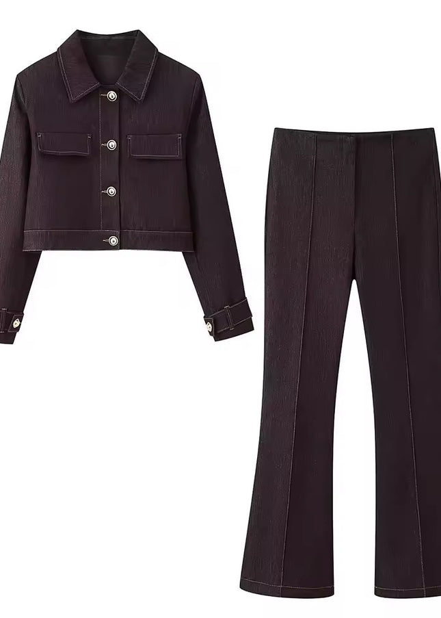 Chic Spring Luxury: Cropped Couture Jacket and Elegant Flare Trousers.