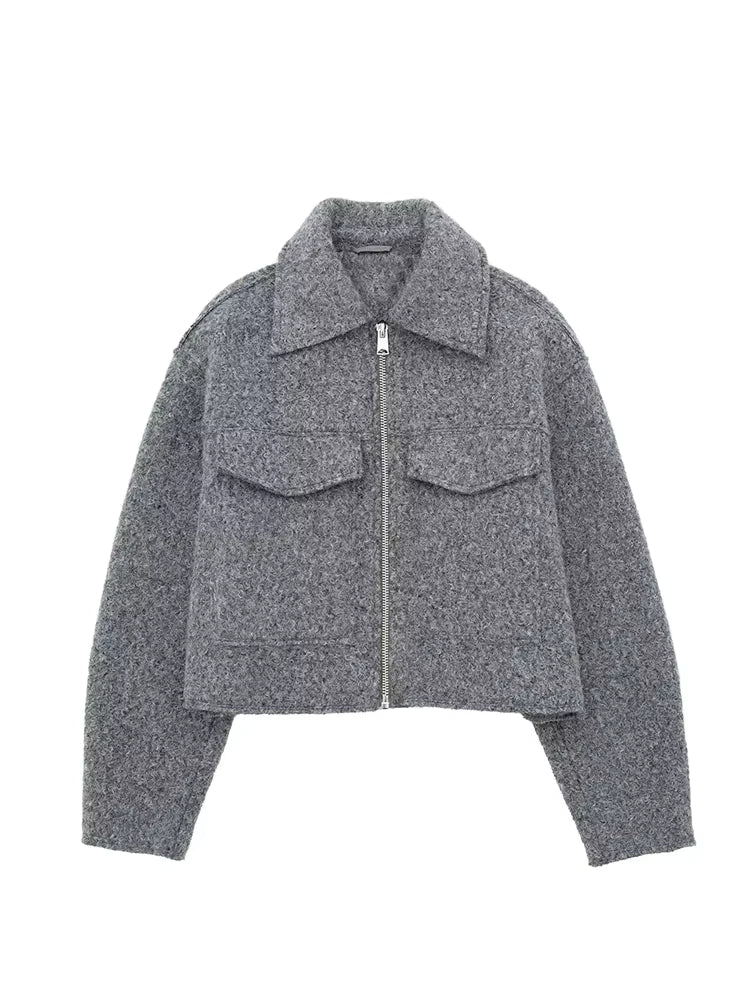 Luxury gray jacket, chic lapel collar, pockets.