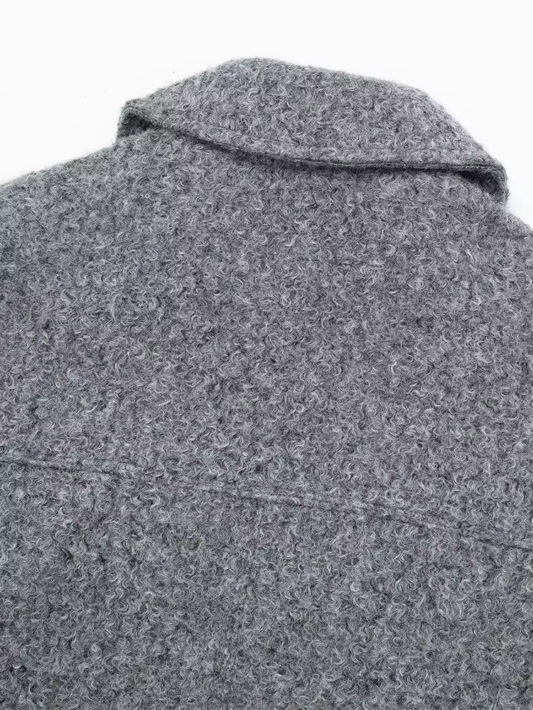 Luxury gray jacket, chic lapel collar, pockets.