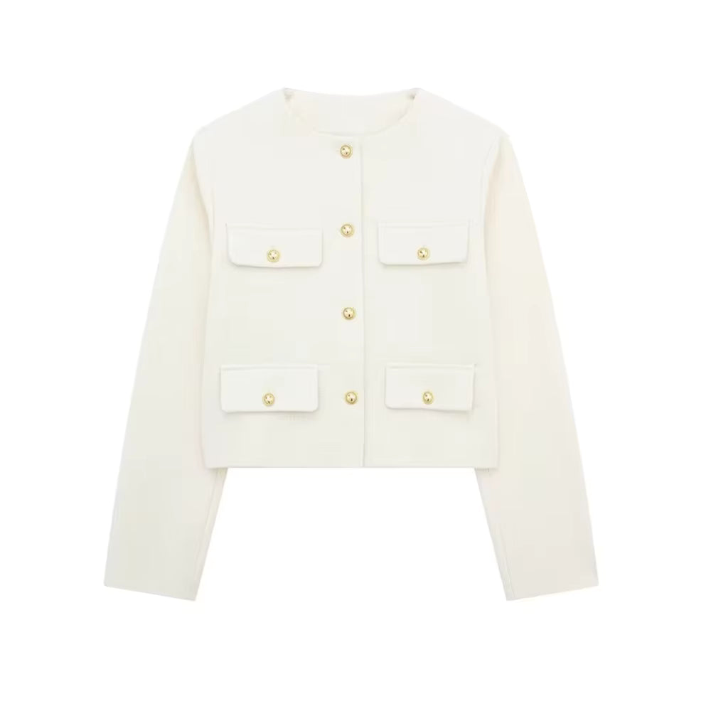 Luxurious women’s coat, golden buttons, timeless elegance.