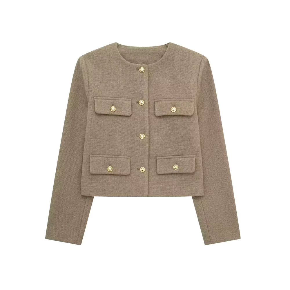 Luxurious women’s coat, golden buttons, timeless elegance.