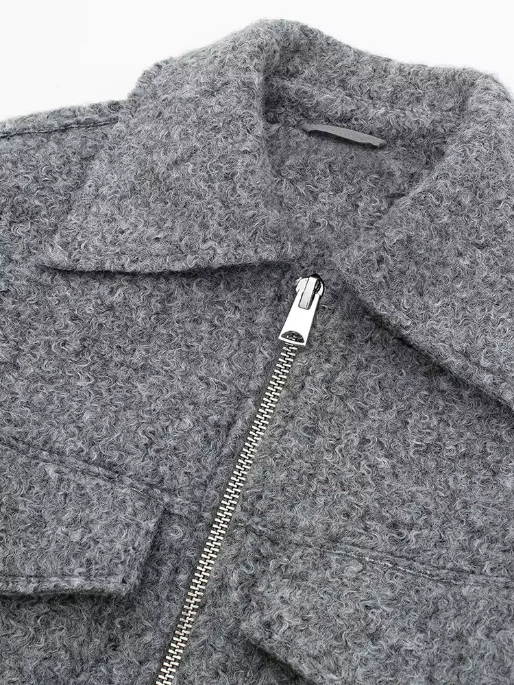 Luxury gray jacket, chic lapel collar, pockets.
