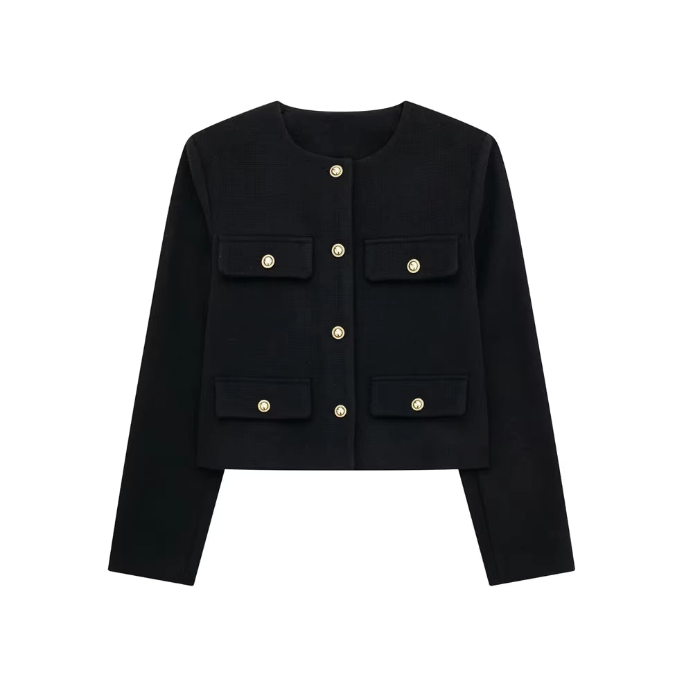 Luxurious women’s coat, golden buttons, timeless elegance.